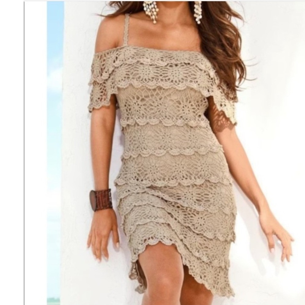 Boston Proper Tan Crochet Tiered‎ Off Shoulder Dress XXS Boho Beach